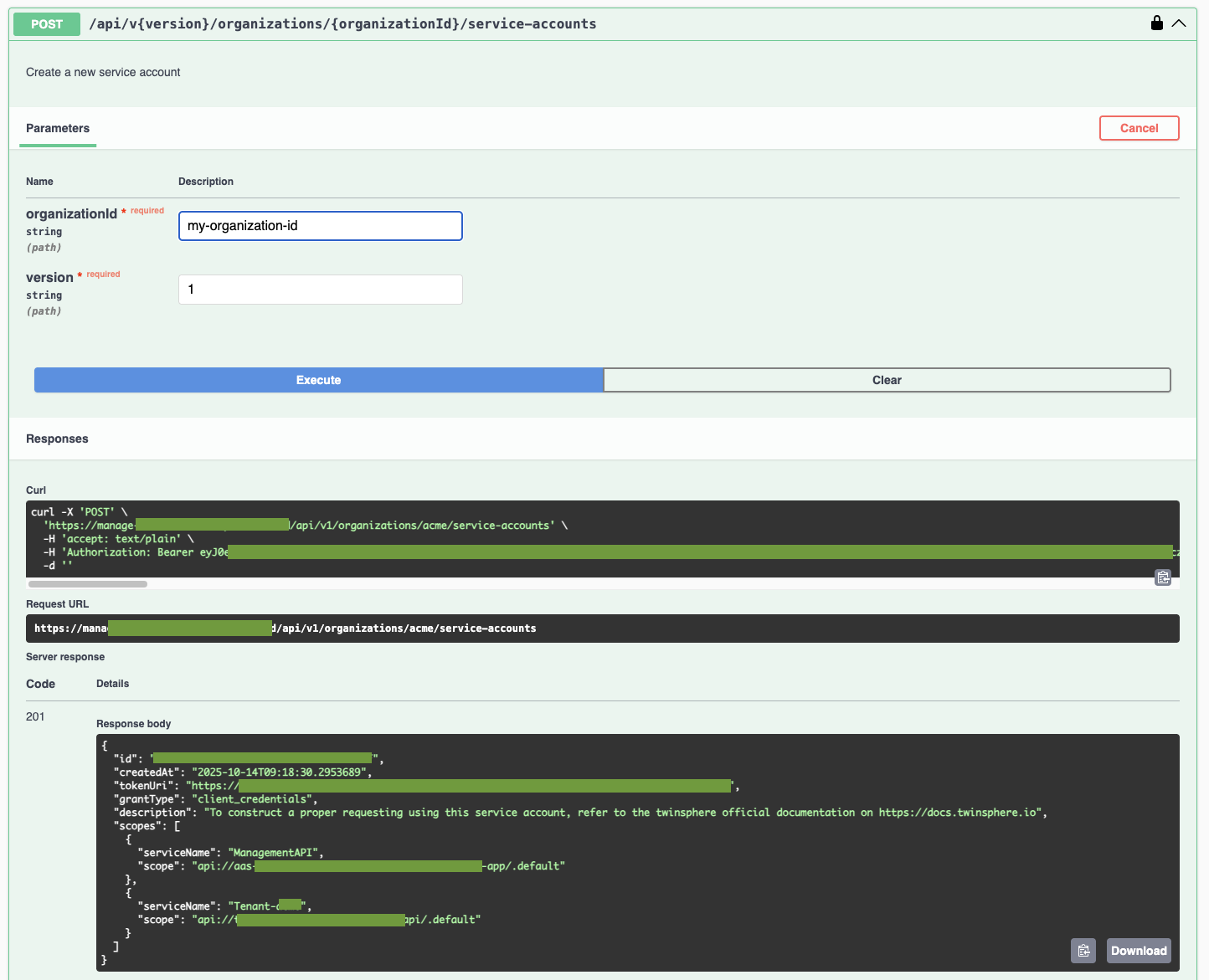 Swagger UI: Create service account