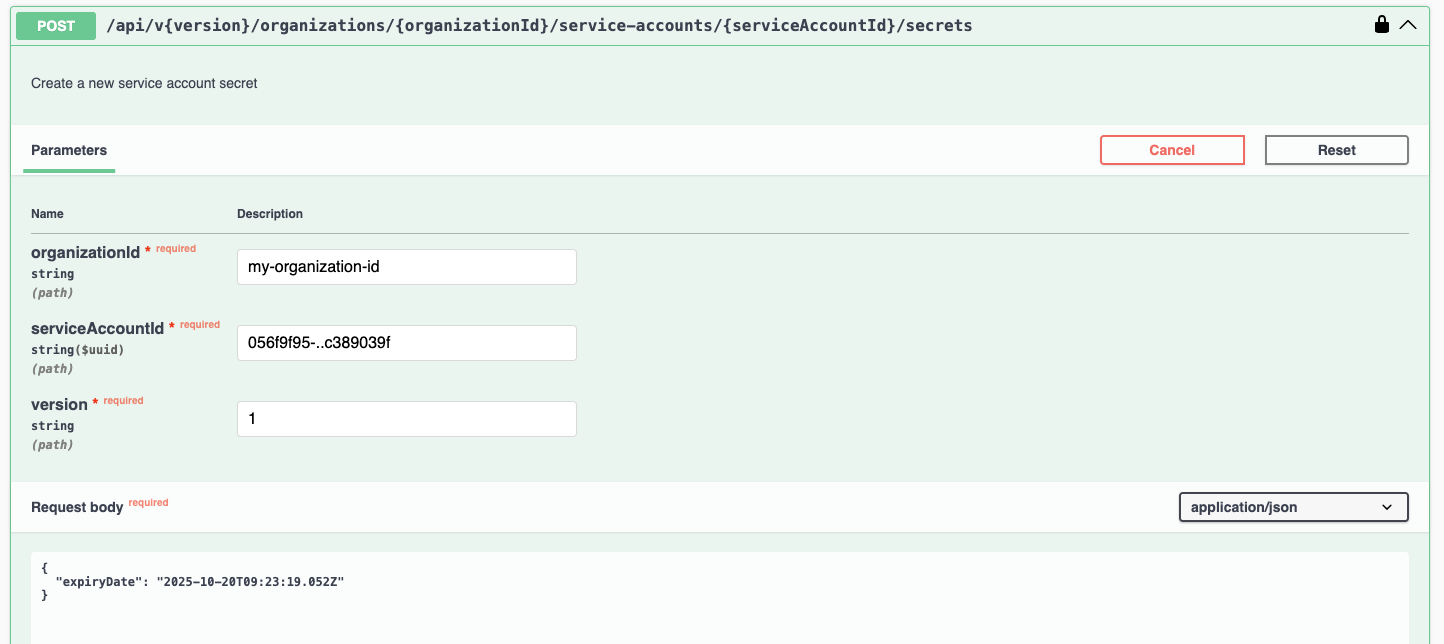 Swagger UI: Create service account secret
