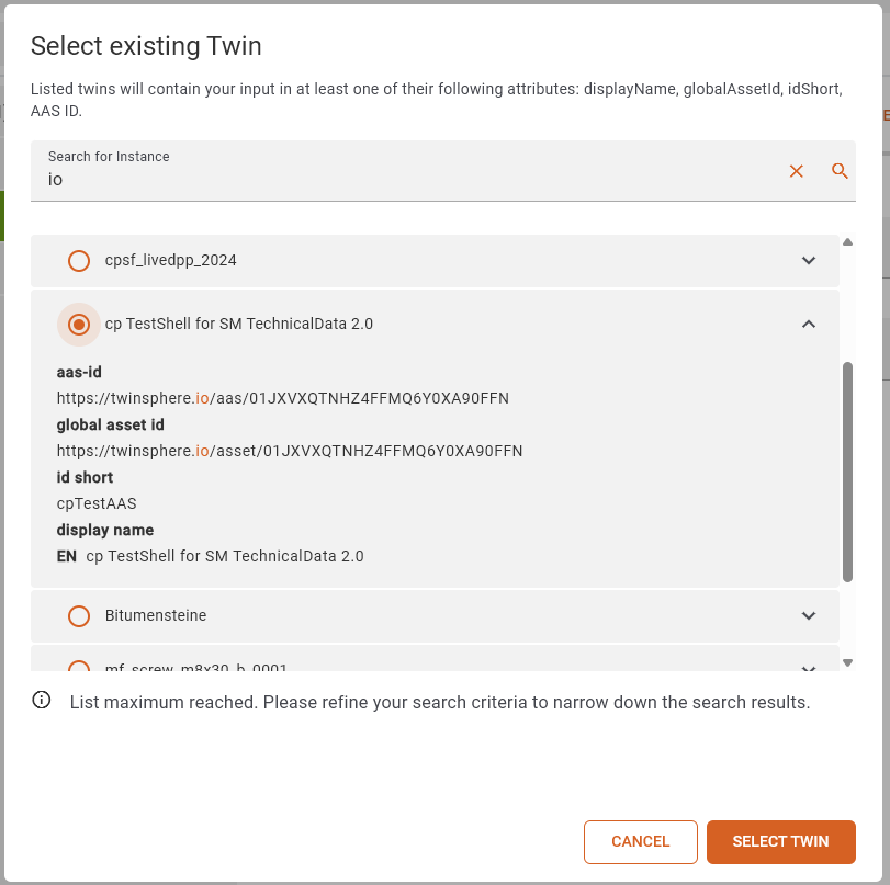 Entity Twin Selection Dialog