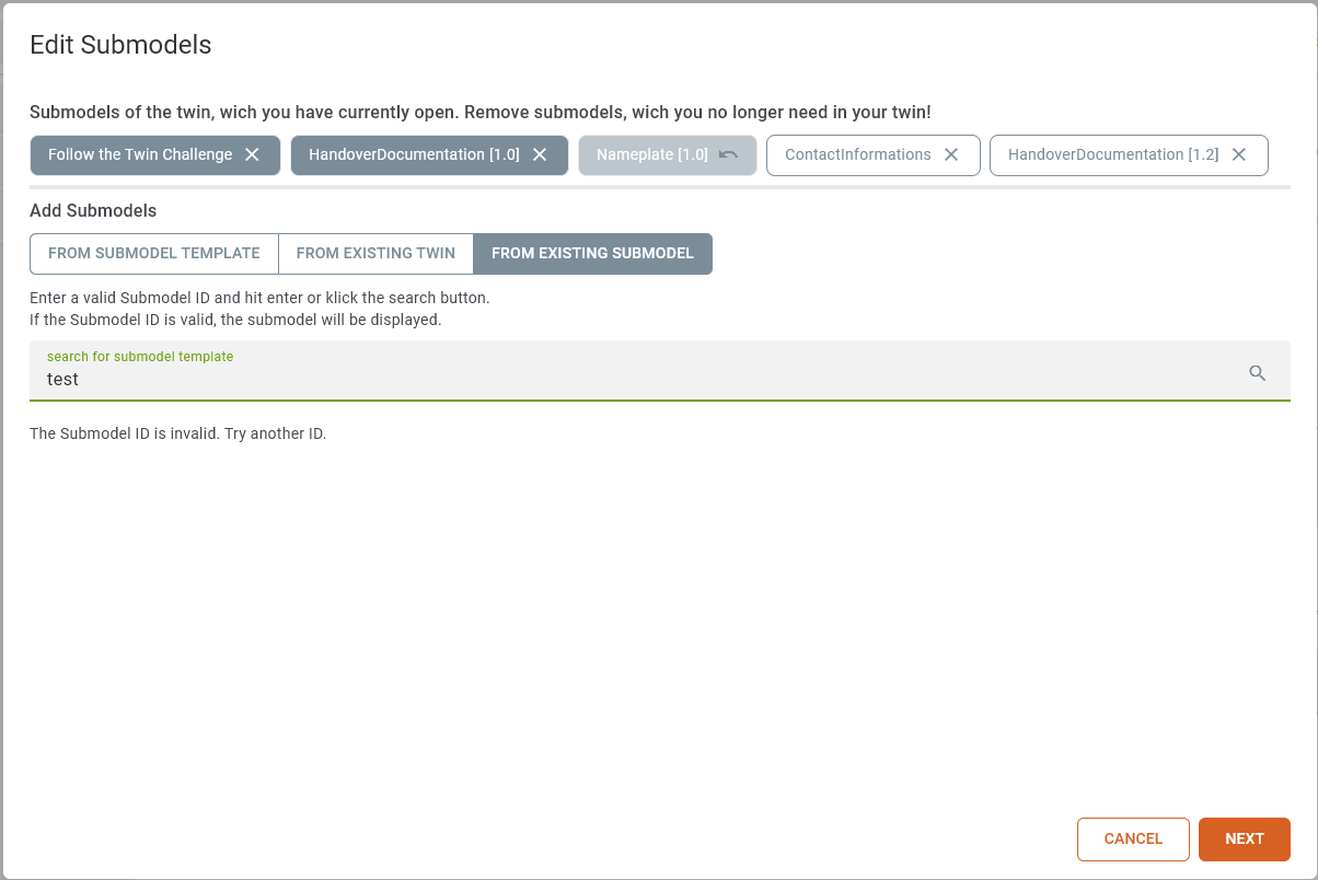 Edit Submodels dialog — Existing Submodel tab