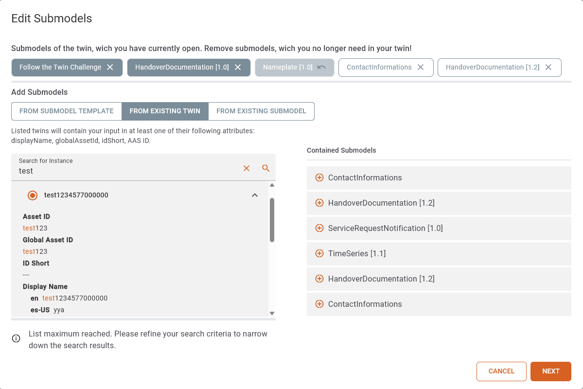 Edit Submodels dialog — Existing Twin tab